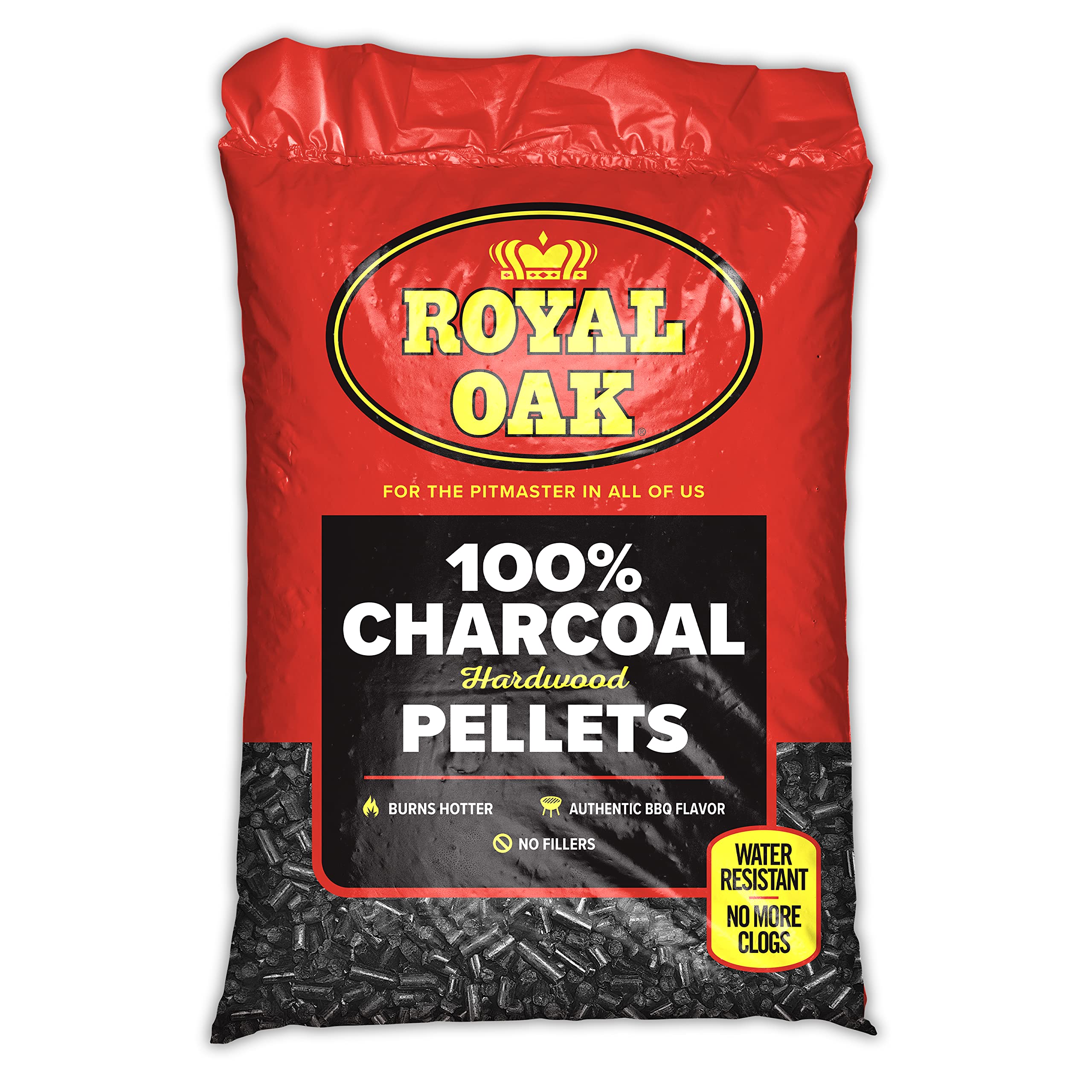 Royal Oak 100% hardwood charcoal pellets bag close-up highlights authentic flavor
