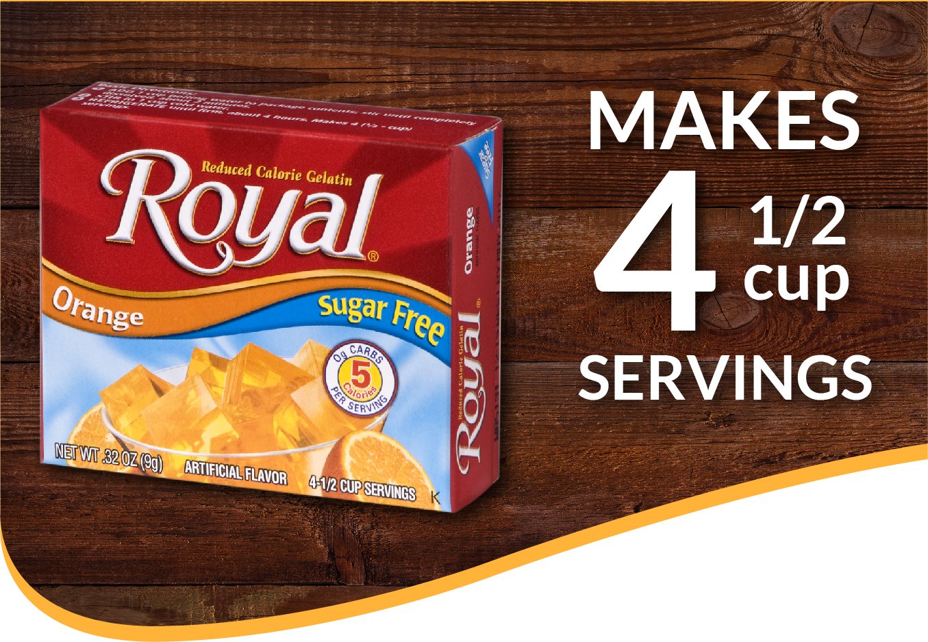 Royal Orange Gelatin makes four half-cup servings per box.