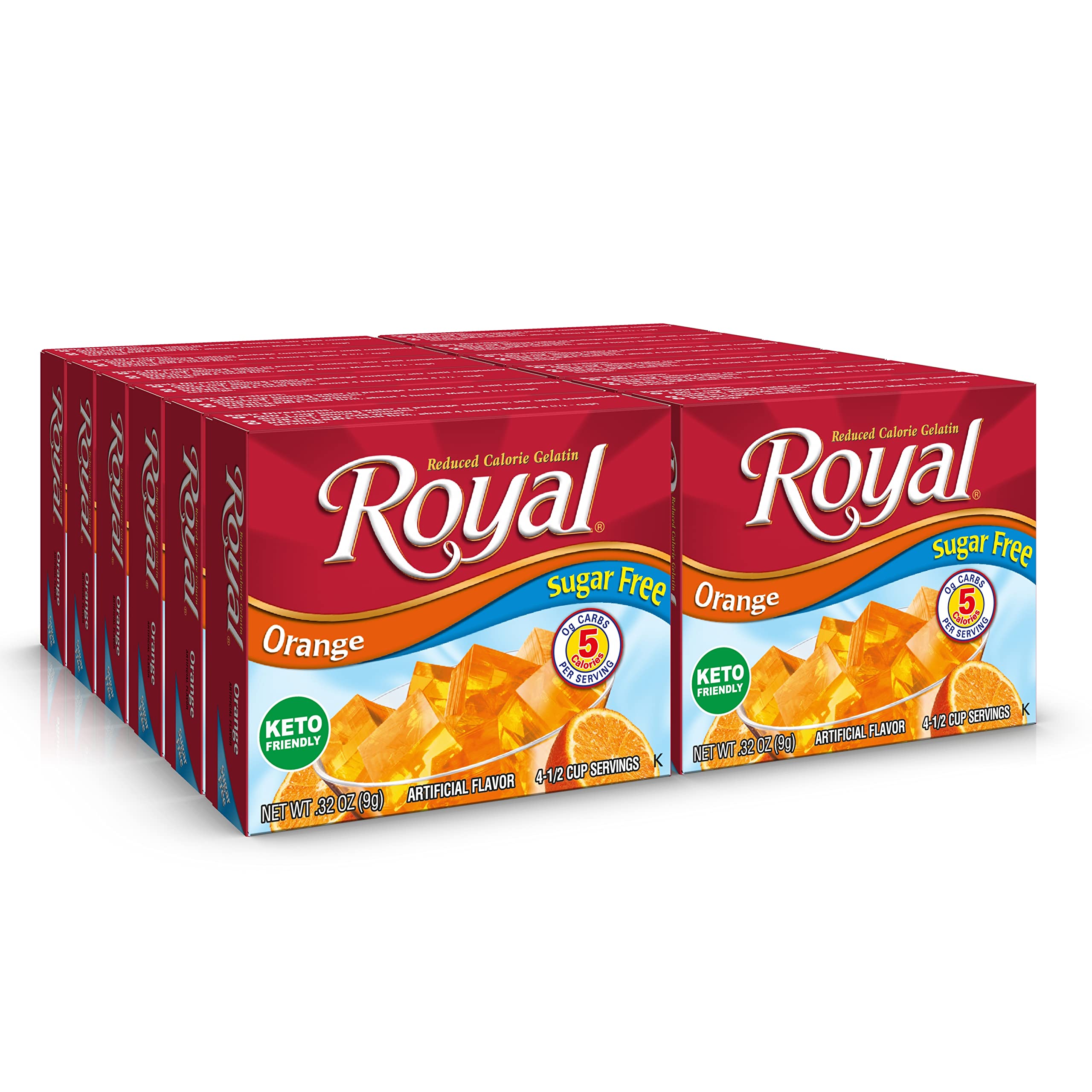 Royal Orange Gelatin packaging on display, convenient sugar-free dessert option.