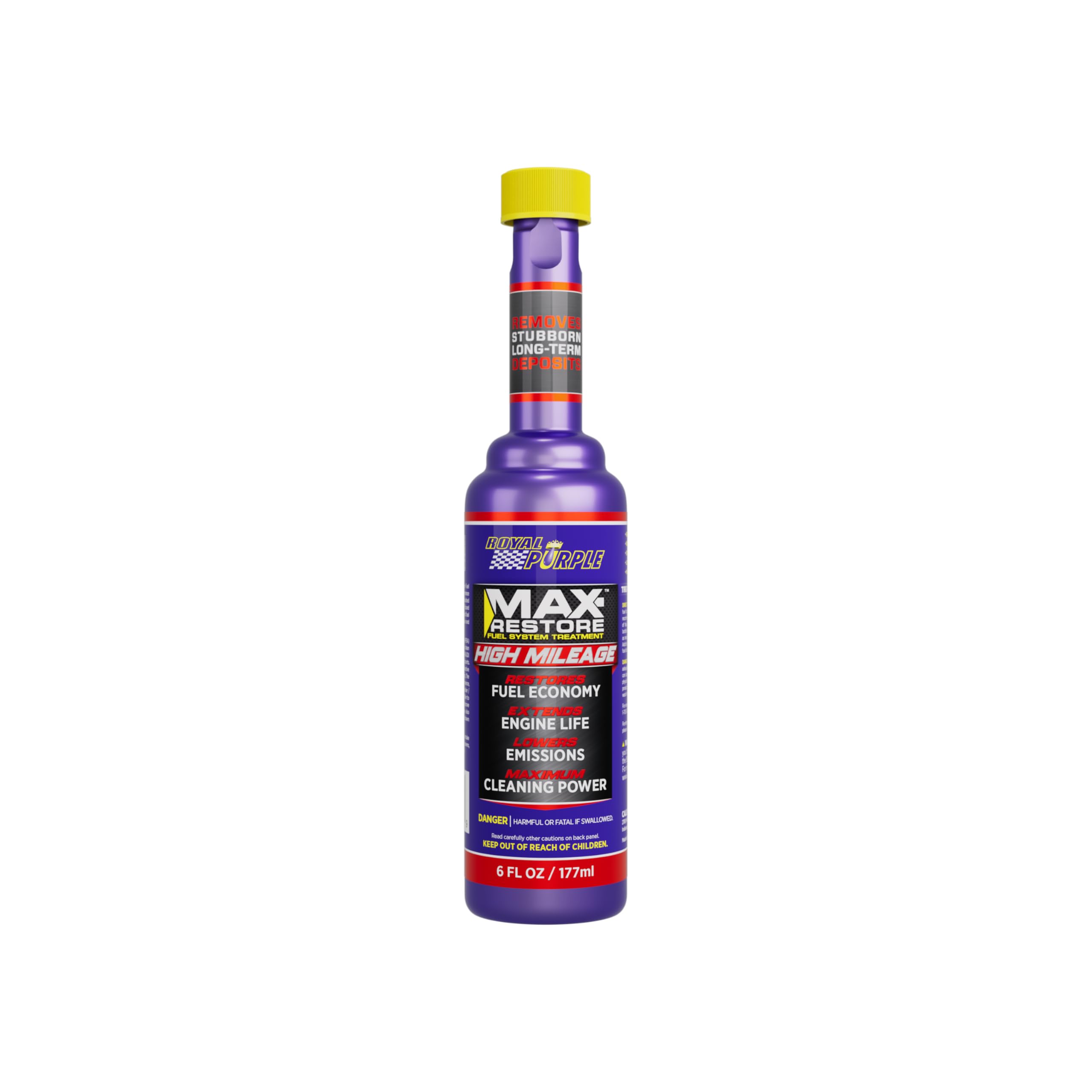 Royal Purple Max-Restore High Mileage bottle pouring to illustrate cleaning action and smoother starts.