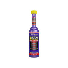 Royal Purple Max-Restore High Mileage bottle pouring to illustrate cleaning action and smoother starts.