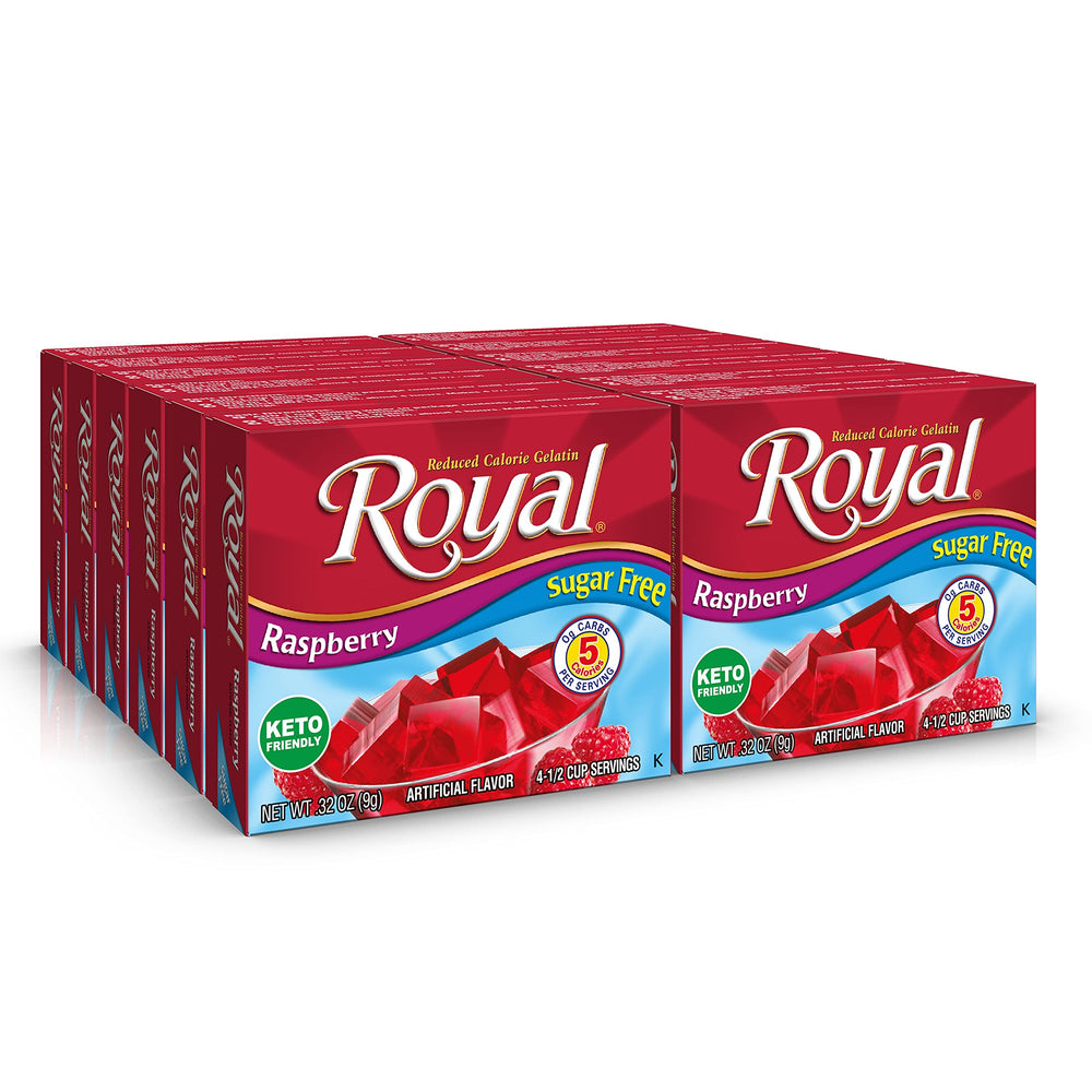 Royal Raspberry Gelatin dessert mix box ready for a quick, sugar-free indulgence.