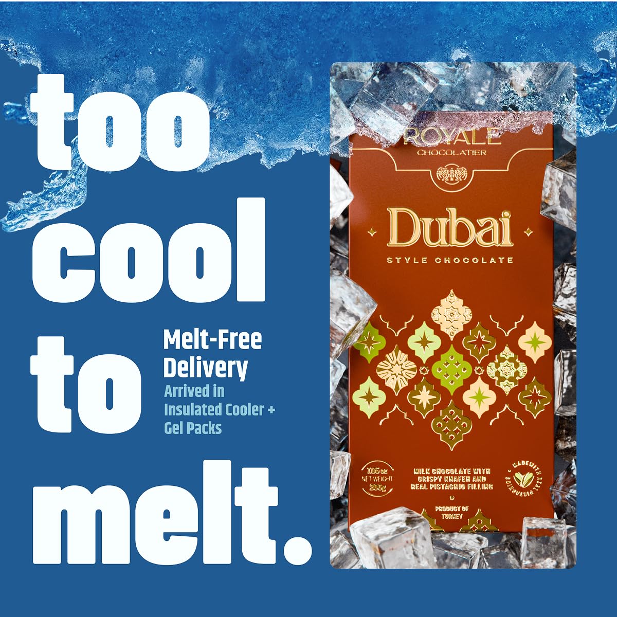 Royale Chocolatier insulated packaging keeps the chocolate cool during transit.