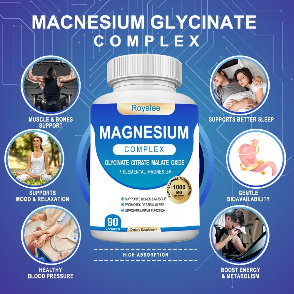 Royalee magnesium capsules close-up highlighting daily supplementation convenience.