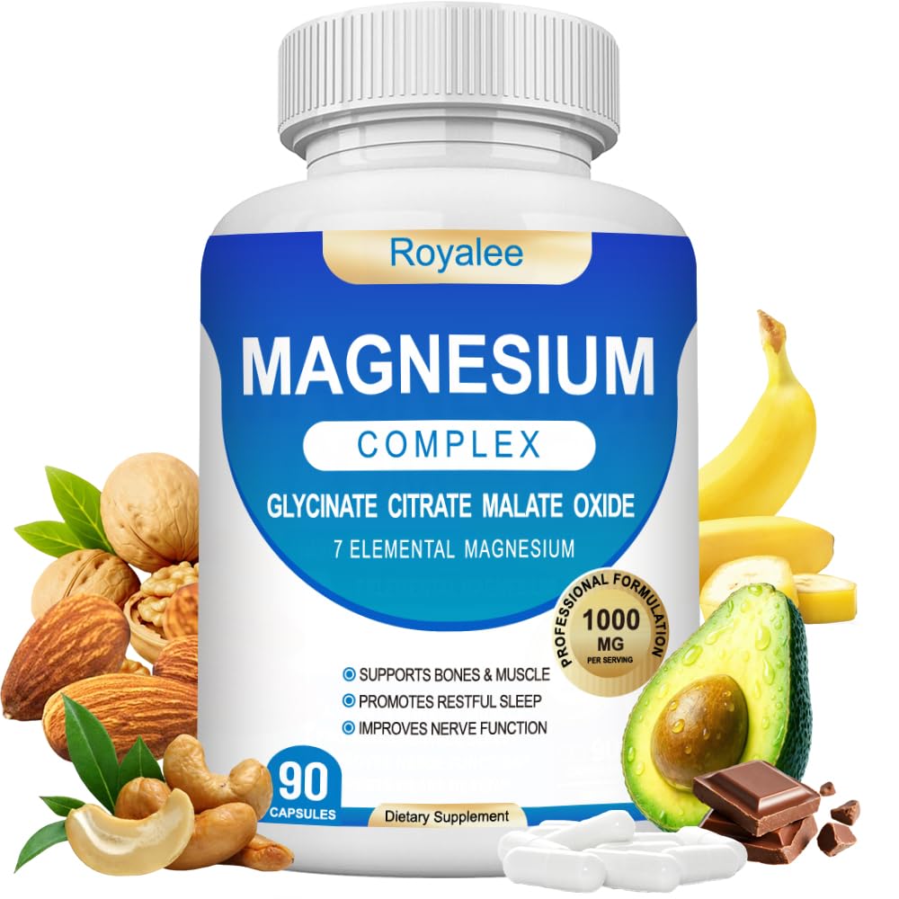 Royalee Magnesium Complex bottle shows 7-form formula for daily wellness.