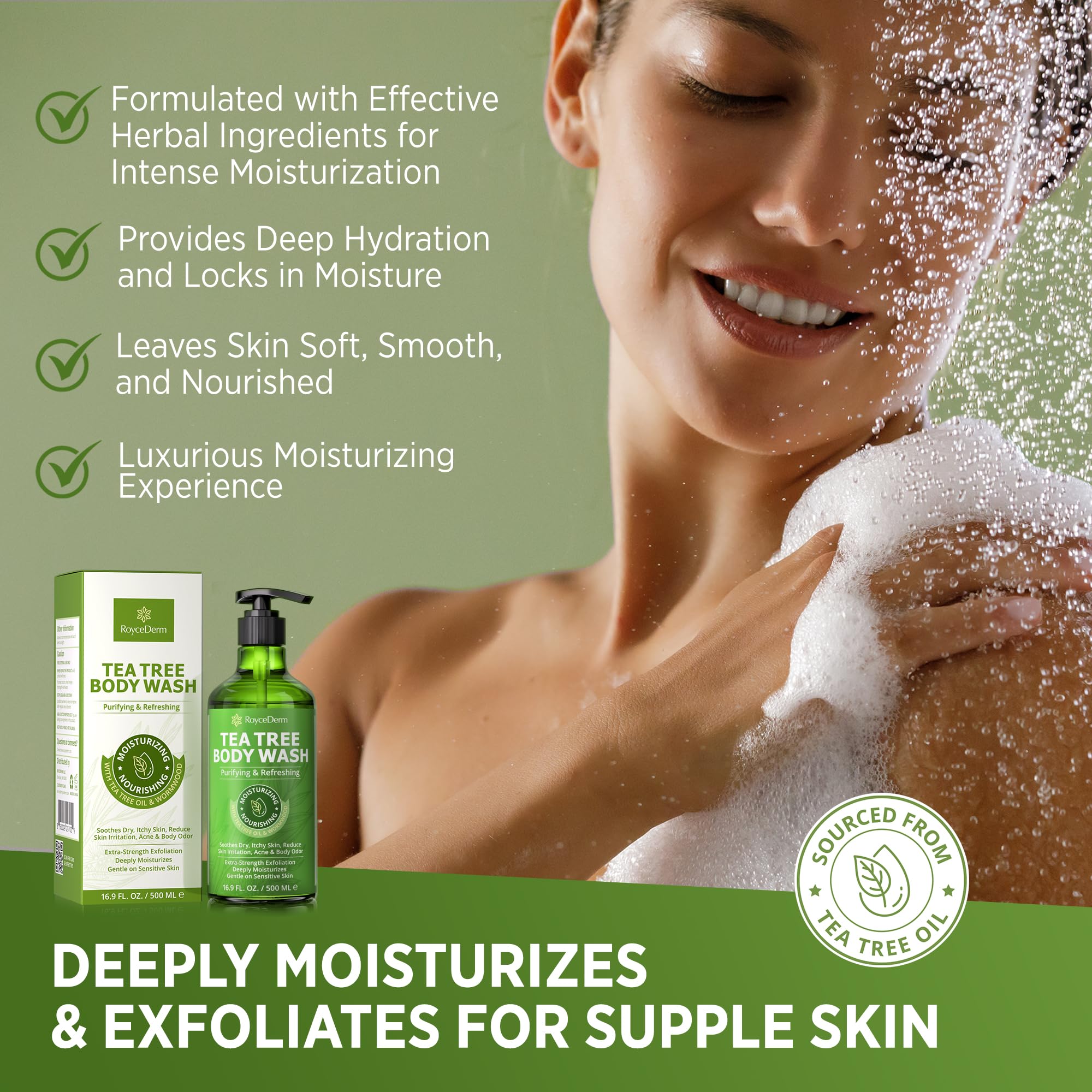 Creamy Roycederm lather delivering a thorough cleanse in the shower.