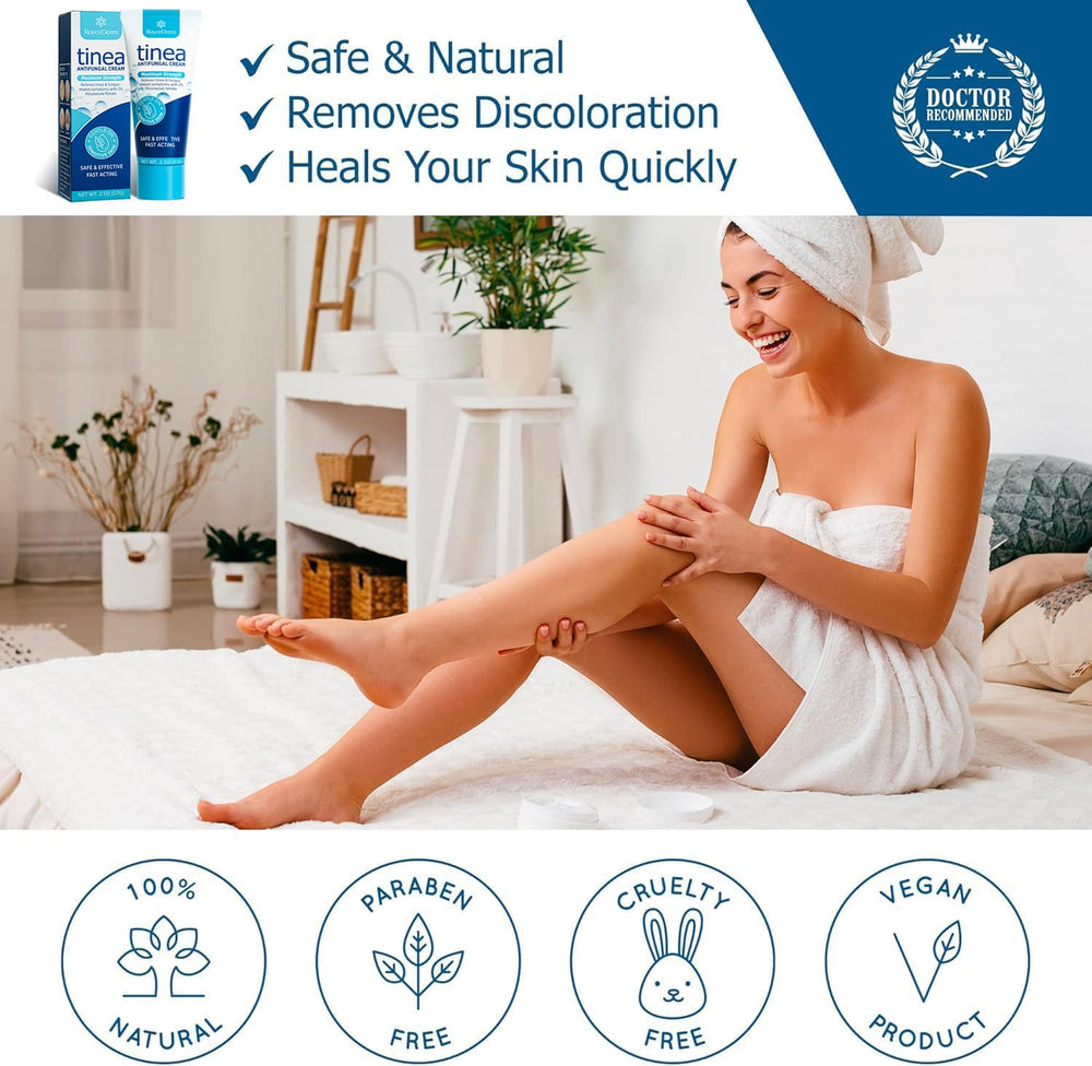 Foot-care application on toes for athlete's foot symptoms with Roycederm.