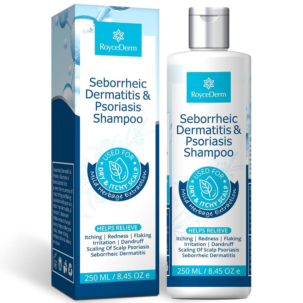 Roycederm psoriasis shampoo bottle offering soothing scalp relief