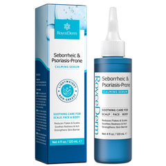 Roycederm serum bottle close-up for calming seborrheic and psoriasis-prone skin.