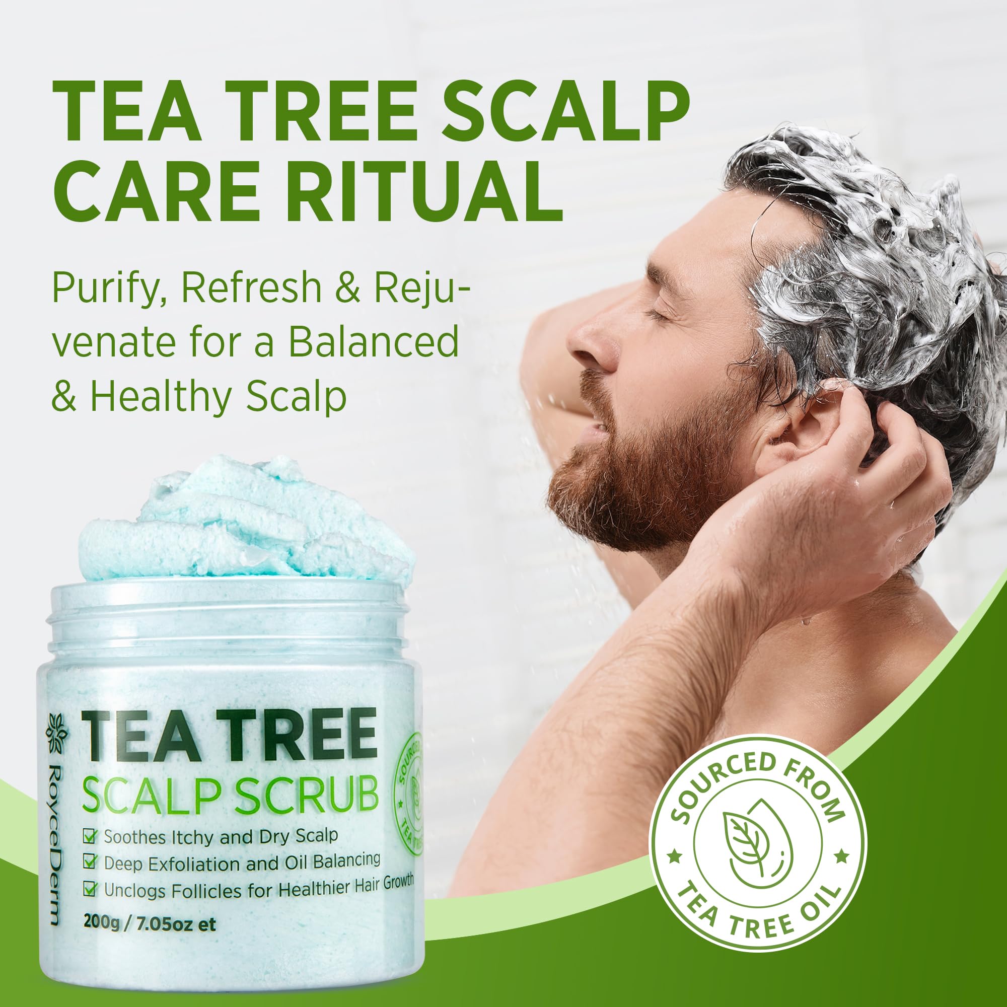 Roycederm Tea Tree Scalp Scrub with witch hazel reflects pore-purifying potential