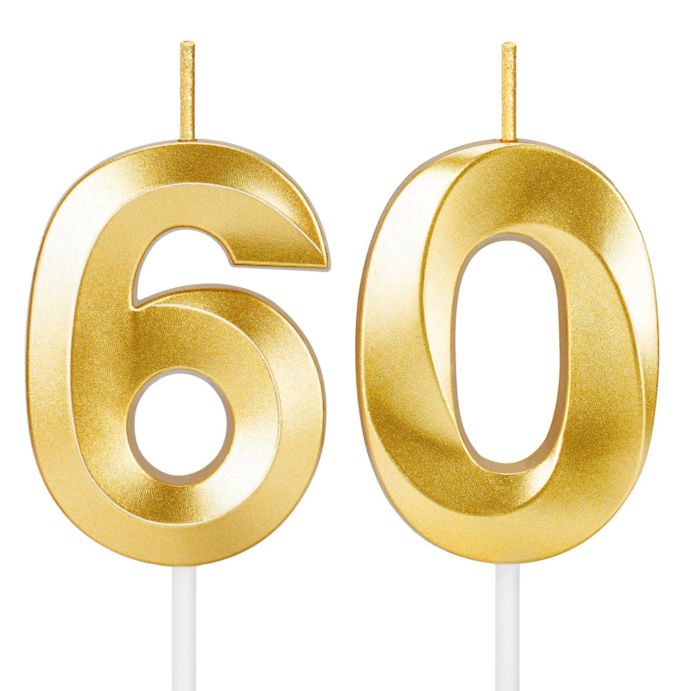 ROYOROYI 60th birthday candles with gold numbers on cake for glamorous milestone celebrations.