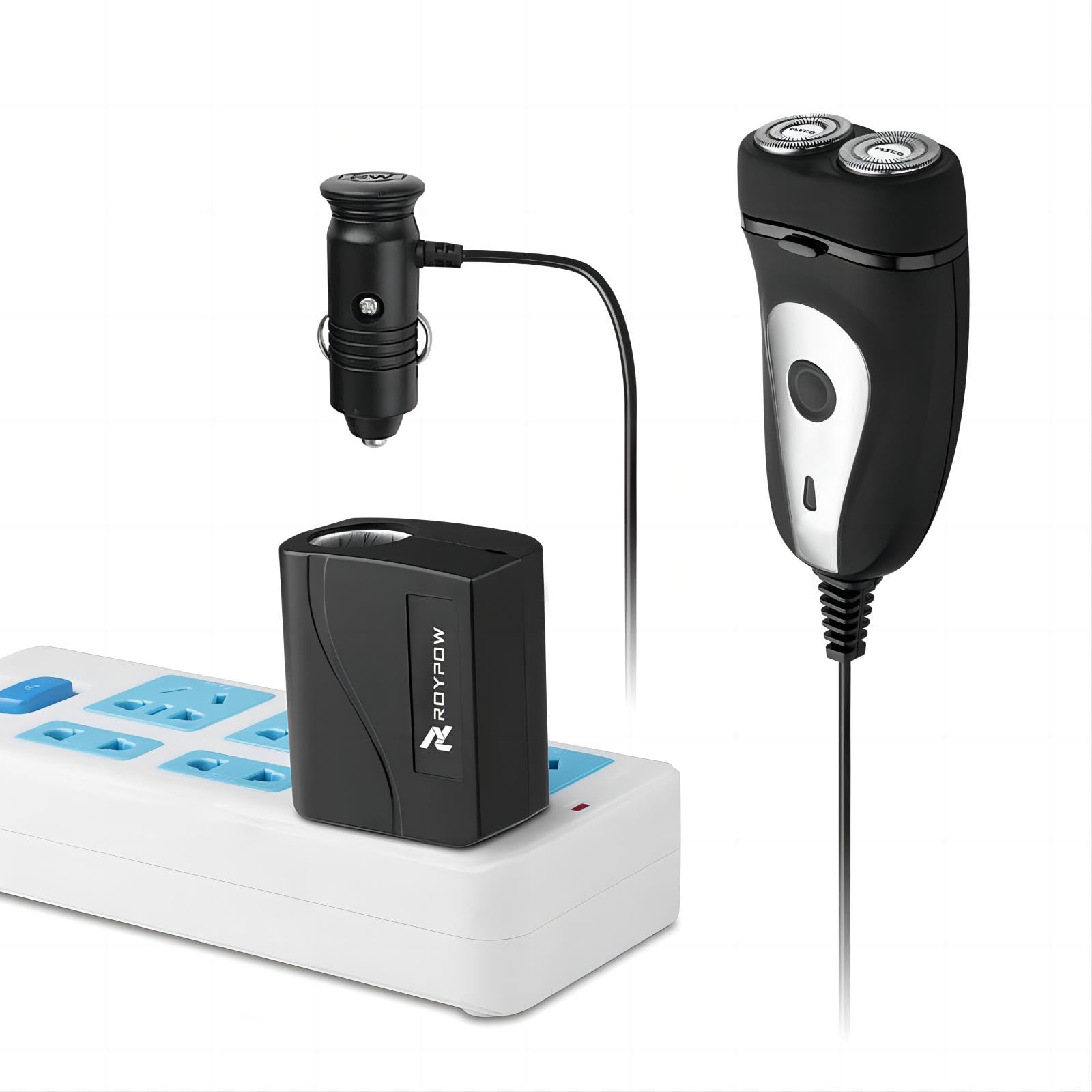 RoyPow cigarette-lighter plug connection shows simple car setup.