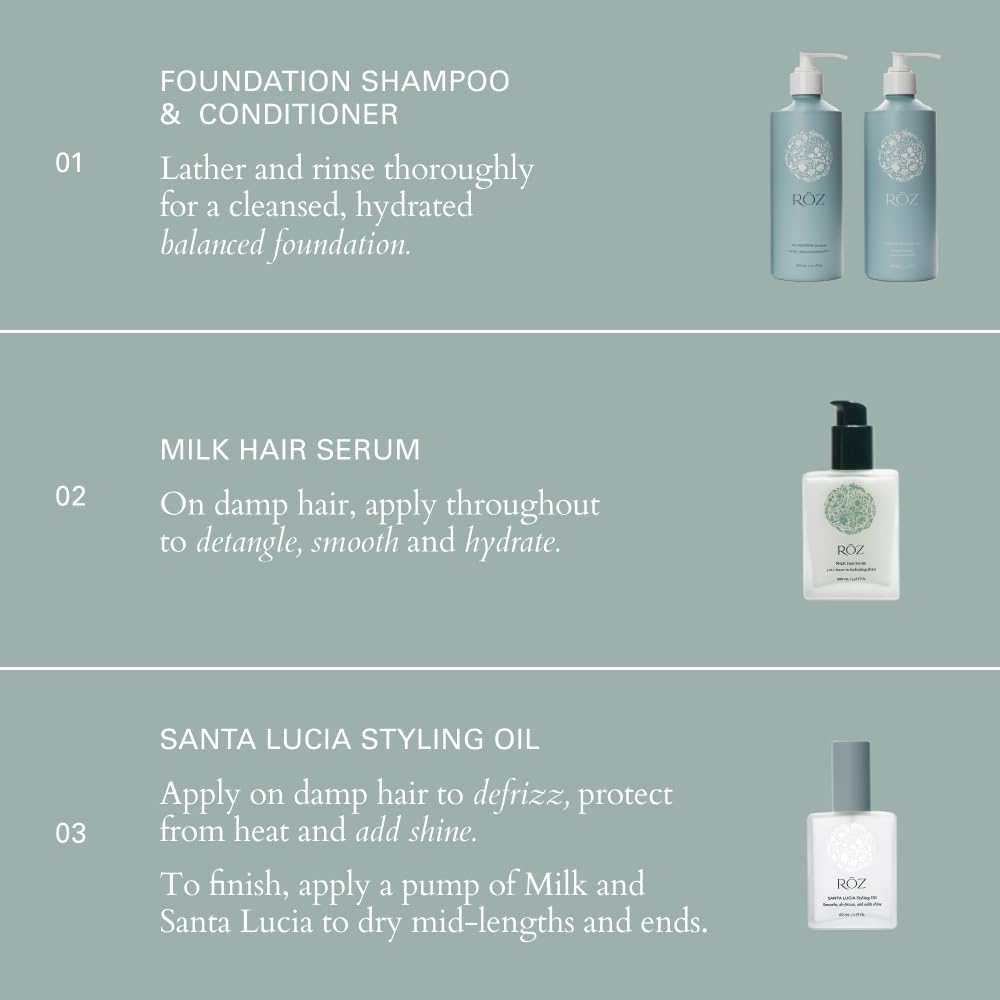 RŌZ Foundation Conditioner application on hair ends reduces frizz.