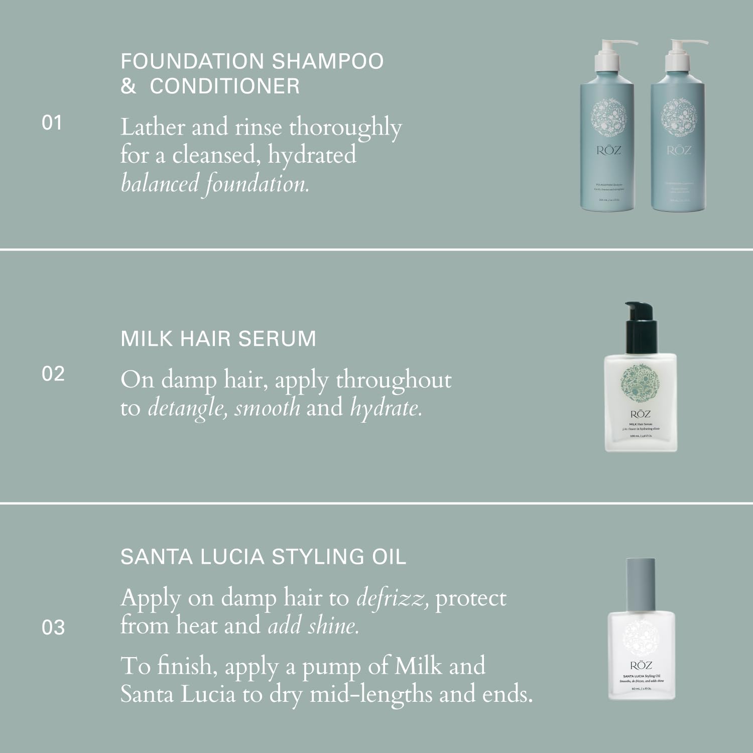 RŌZ Milk Hair Serum bottle on vanity with natural lighting.