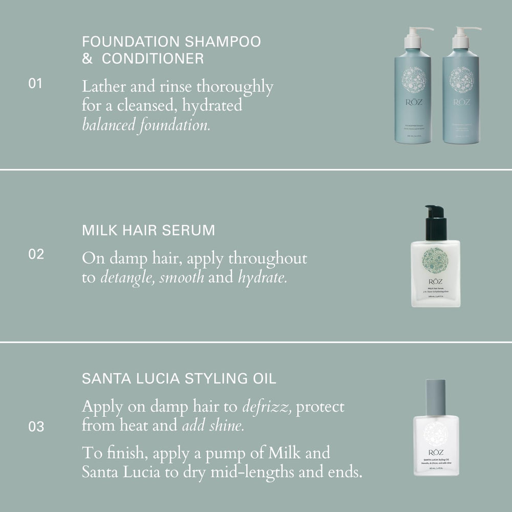 RŌZ Milk Hair Serum bottle on vanity with natural lighting.