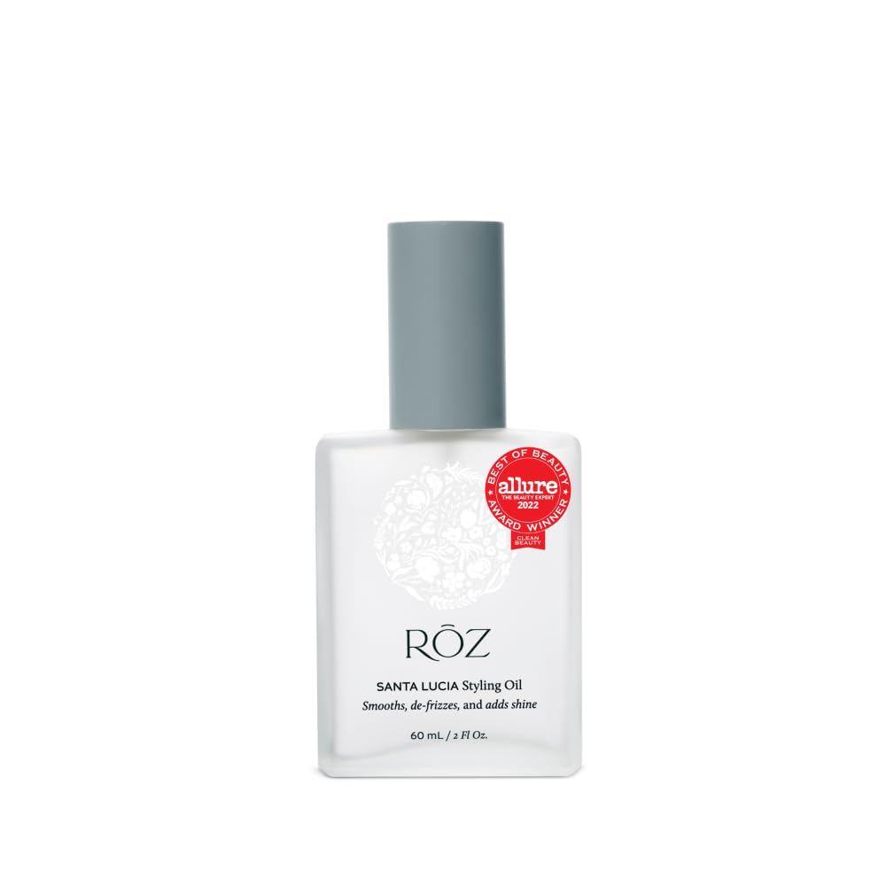 RŌZ Santa Lucia Styling Oil bottle pour enhances lightweight hydration for sleek styling.