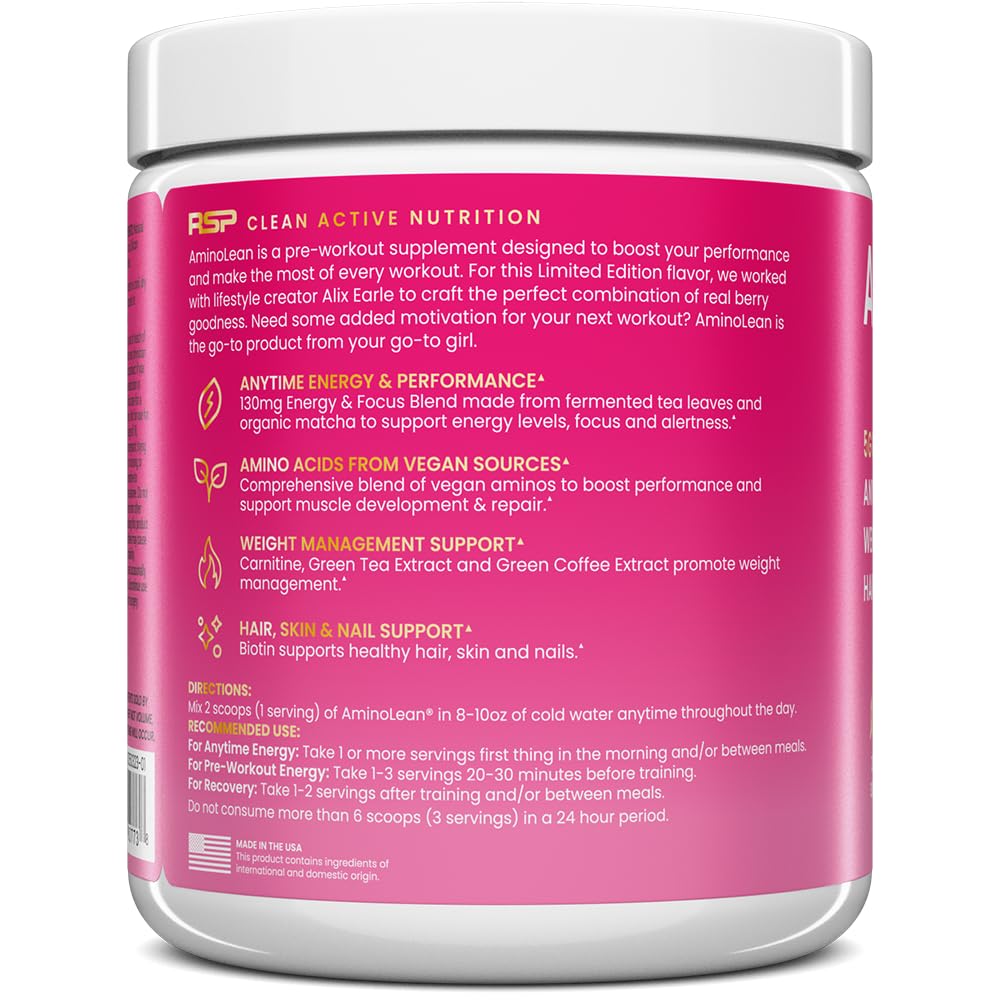 RSP AminoLean Berry Elixir tub label highlights gluten-free information.