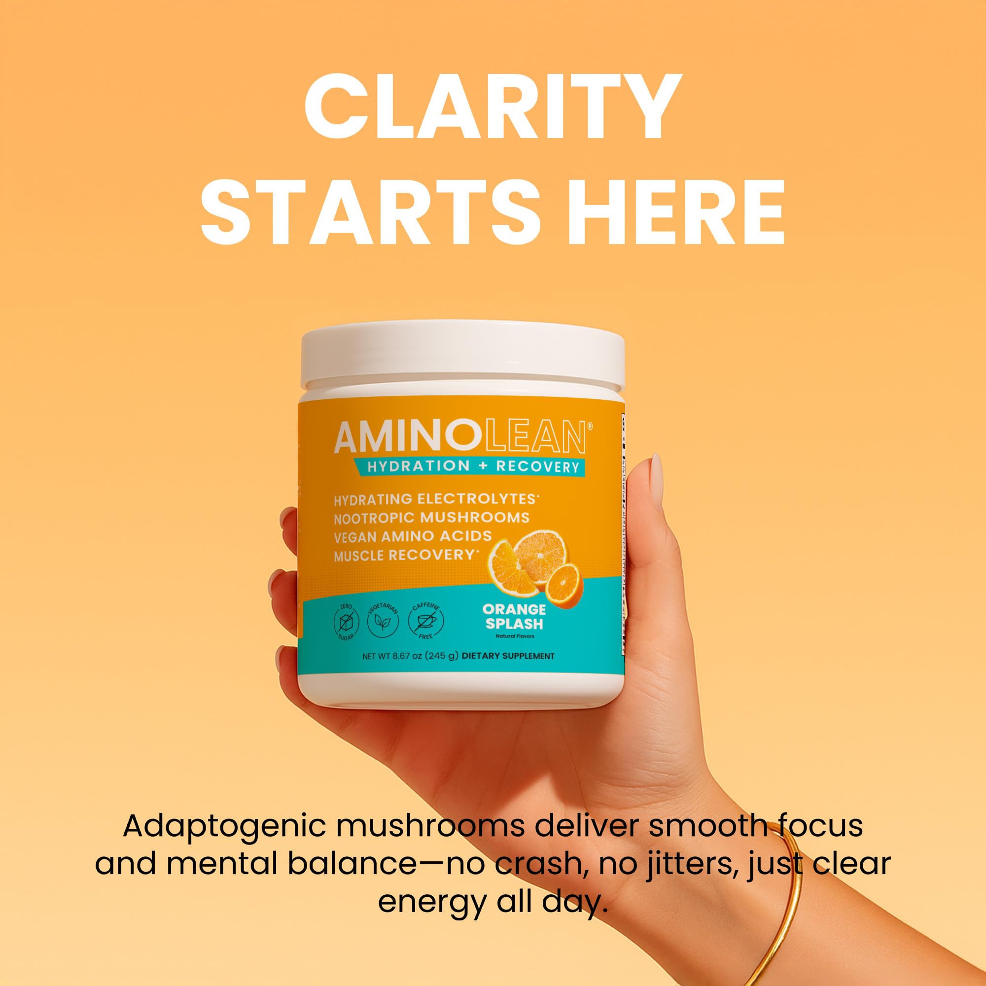 Serving scoop with AminoLean label highlighting hydration and recovery.