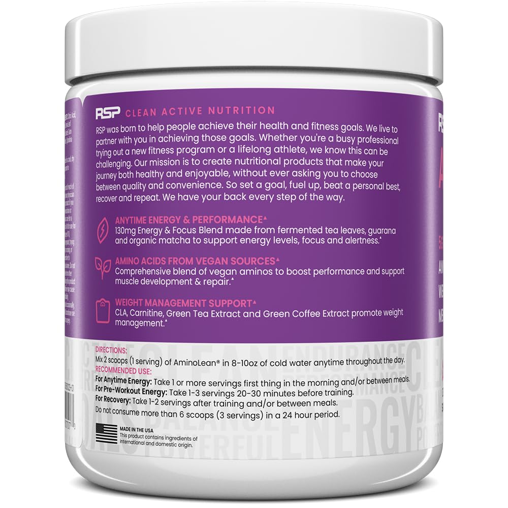 Green tea extract and vegan BCAAs reflect a comprehensive amino acid blend.