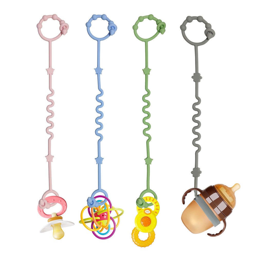 RTMOK silicone baby toy straps attached to a stroller for secure playtime.