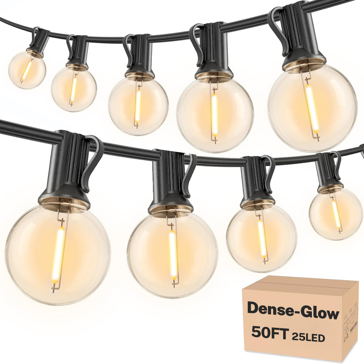 RTTY 50ft outdoor string lights illuminate a patio with a warm, inviting glow.