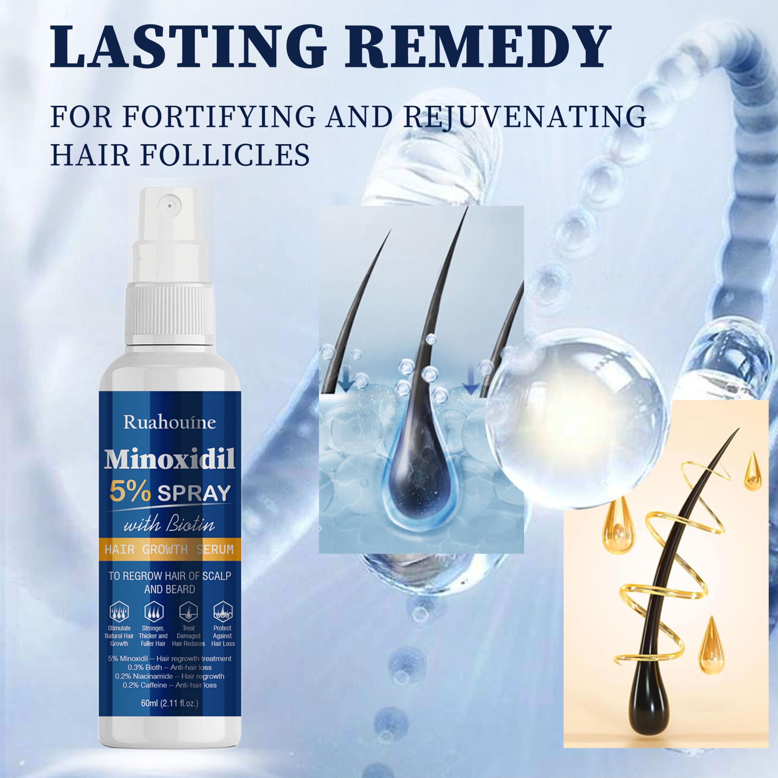 Ruahouine product beside healthy-looking hair strands for fullness.