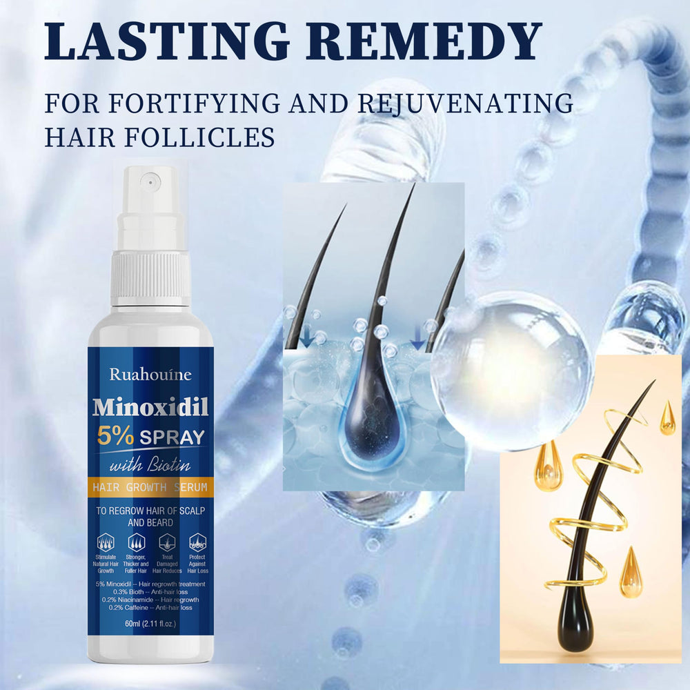 Ruahouine product beside healthy-looking hair strands for fullness.