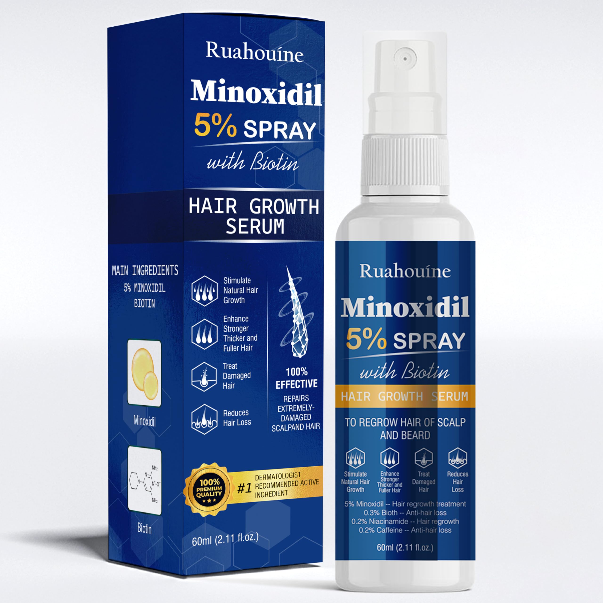 Ruahouine 5% Minoxidil spray bottle shown for easy hair regrowth support.