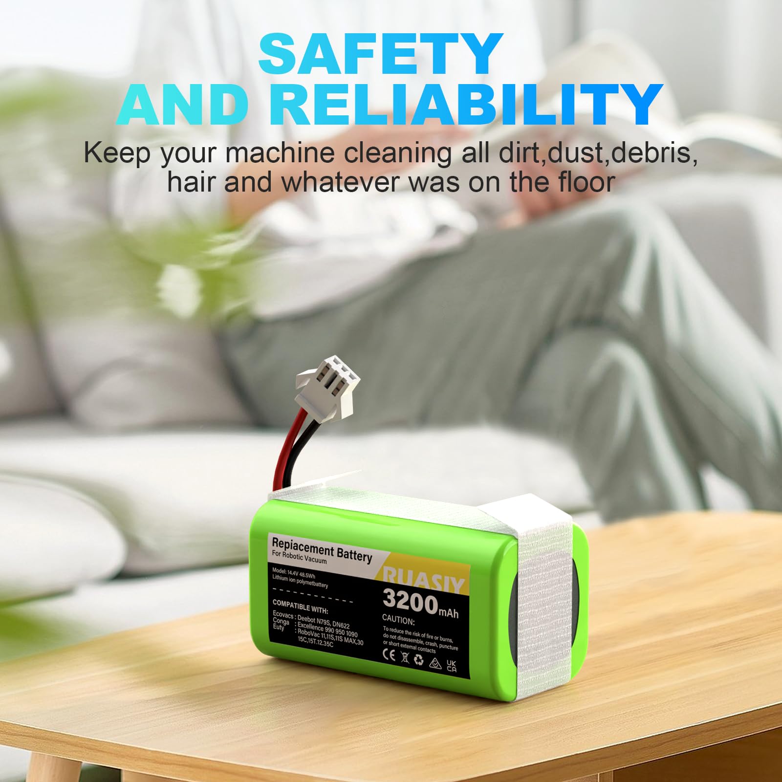 Ruasiy 14.4V vacuum battery in use powering extended cleaning sessions