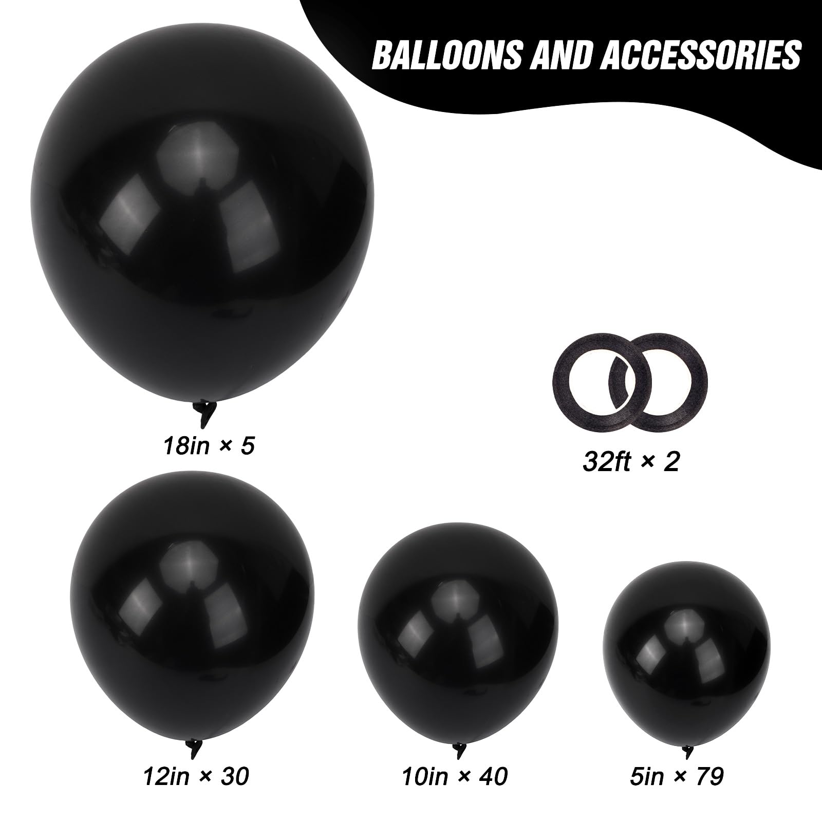 Rubfac 12-inch black balloons arranged for garland setup.