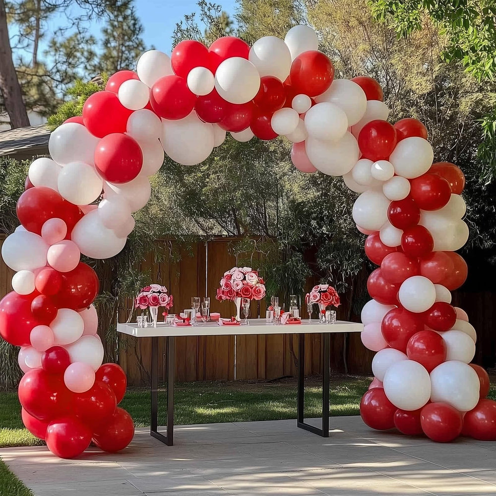 Rubfac balloon garland assembly idea showcasing elegant red arch