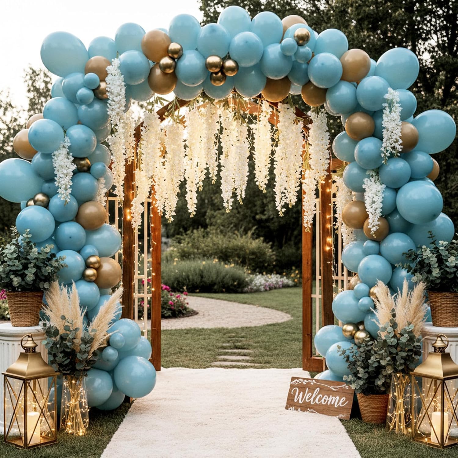 Rubfac blue balloon ribbon rolls provide cohesive color coordination.