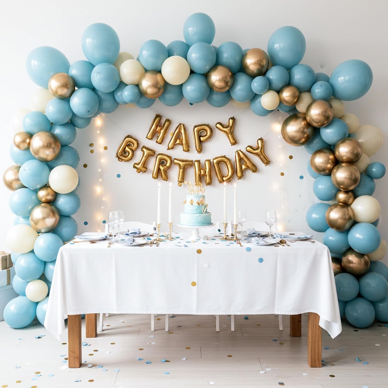 Rubfac haze blue 5-inch balloons add texture and confetti-like accents.