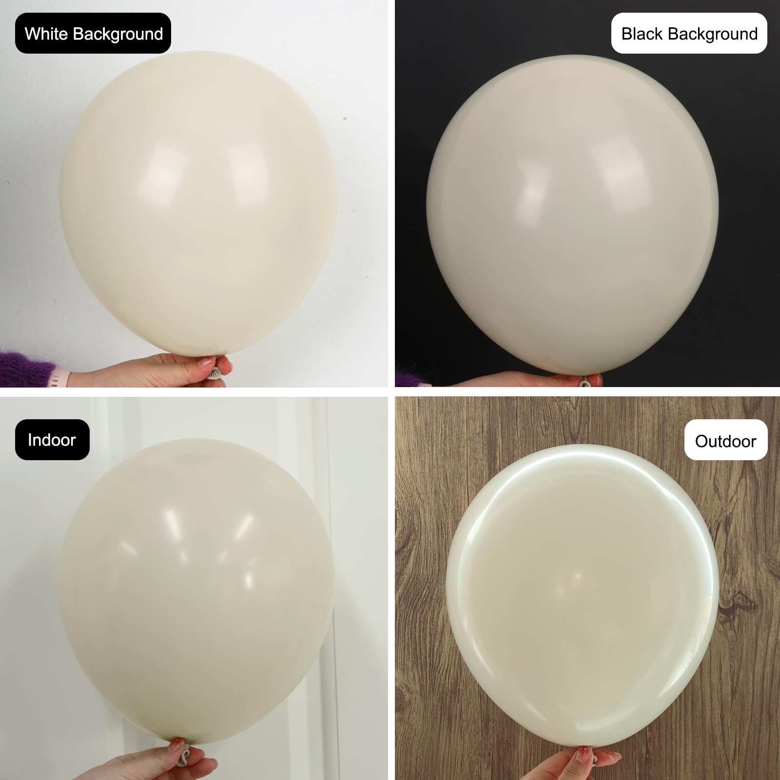 Rubfac sand white 10-inch balloons balance centerpieces and backdrops.