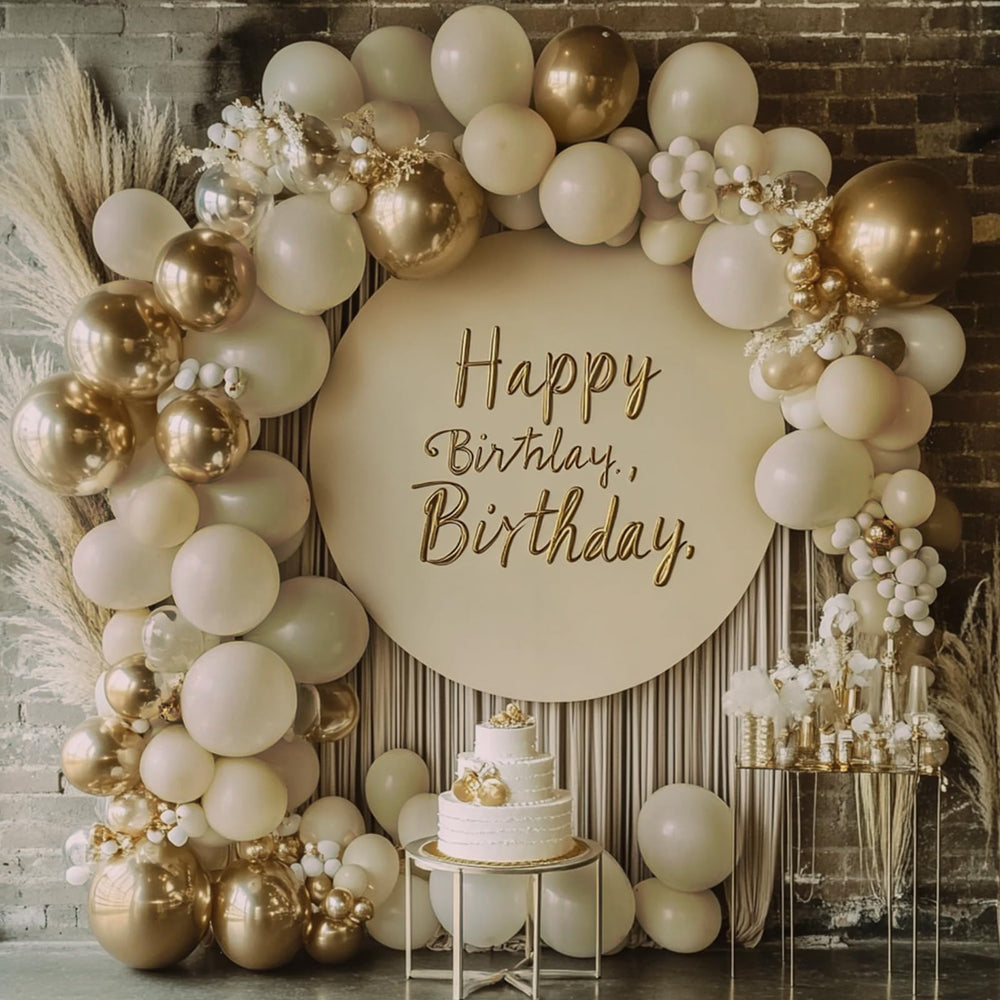 Rubfac sand white 5-inch balloons create subtle confetti accents.