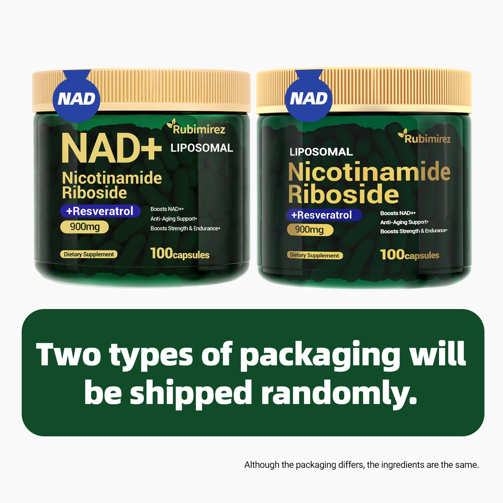 Rubimirez NAD+ pack shows 100 capsules, ideal for ongoing daily use.