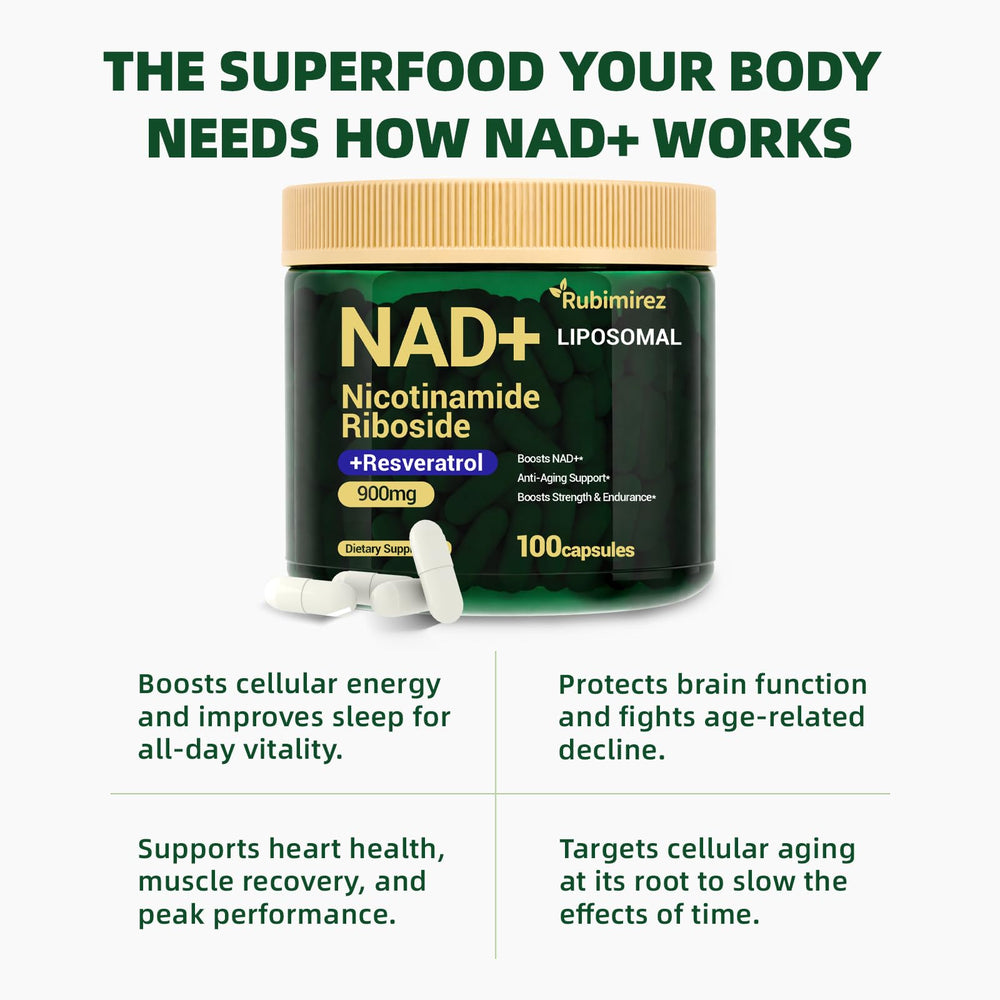 Rubimirez NAD+ ingredients close-up highlighting nicotinamide riboside and resveratrol for antioxidant synergy.