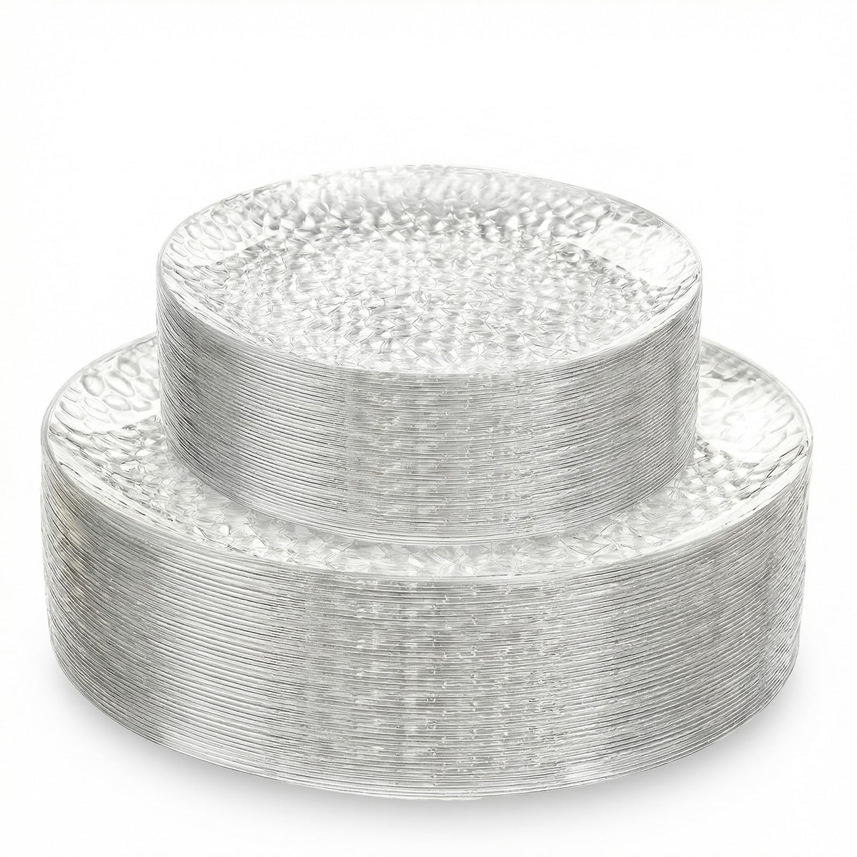 Rubtlamp clear dinner plates with hammered design for elegant table settings.
