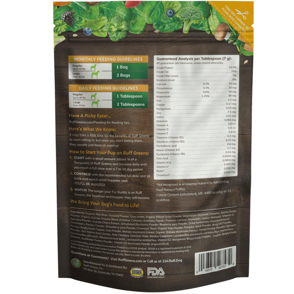 Ruff Greens hip-and-joint-powder-dogs highlights a vitamin-rich formula for mobility.