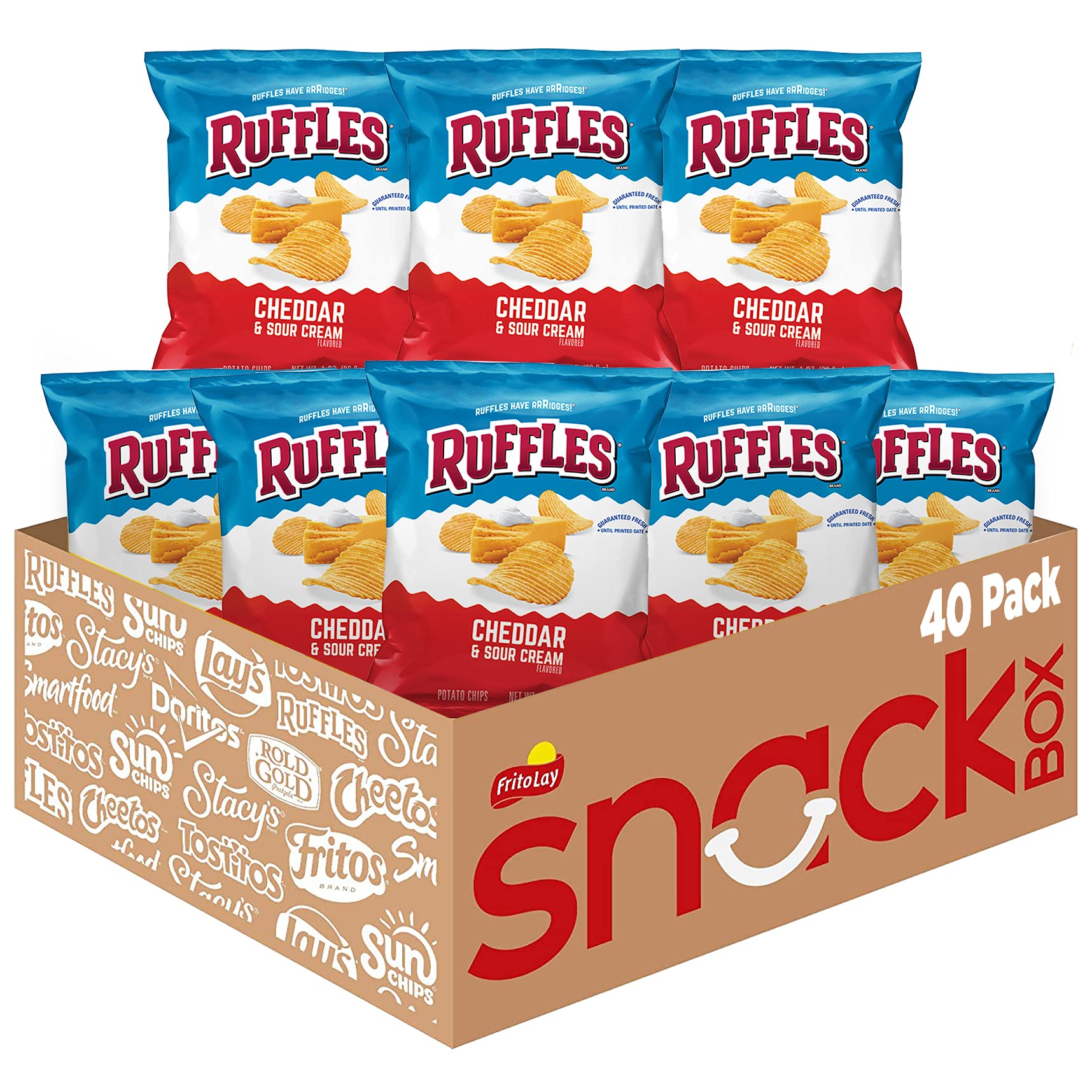 Ruffles Cheddar Sour Cream bag front showing bold flavor and packaging for snacking on the go.