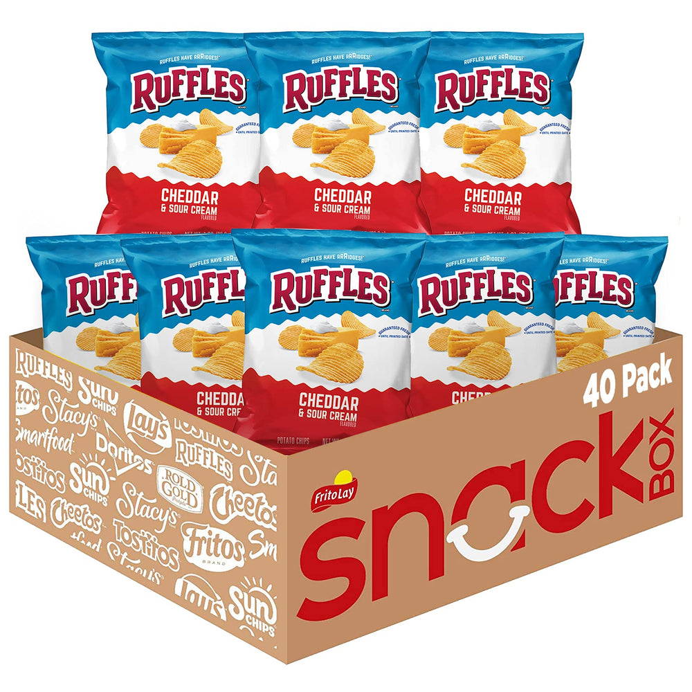 Ruffles Cheddar Sour Cream bag front showing bold flavor and packaging for snacking on the go.
