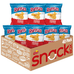 Ruffles Cheddar Sour Cream bag front showing bold flavor and packaging for snacking on the go.