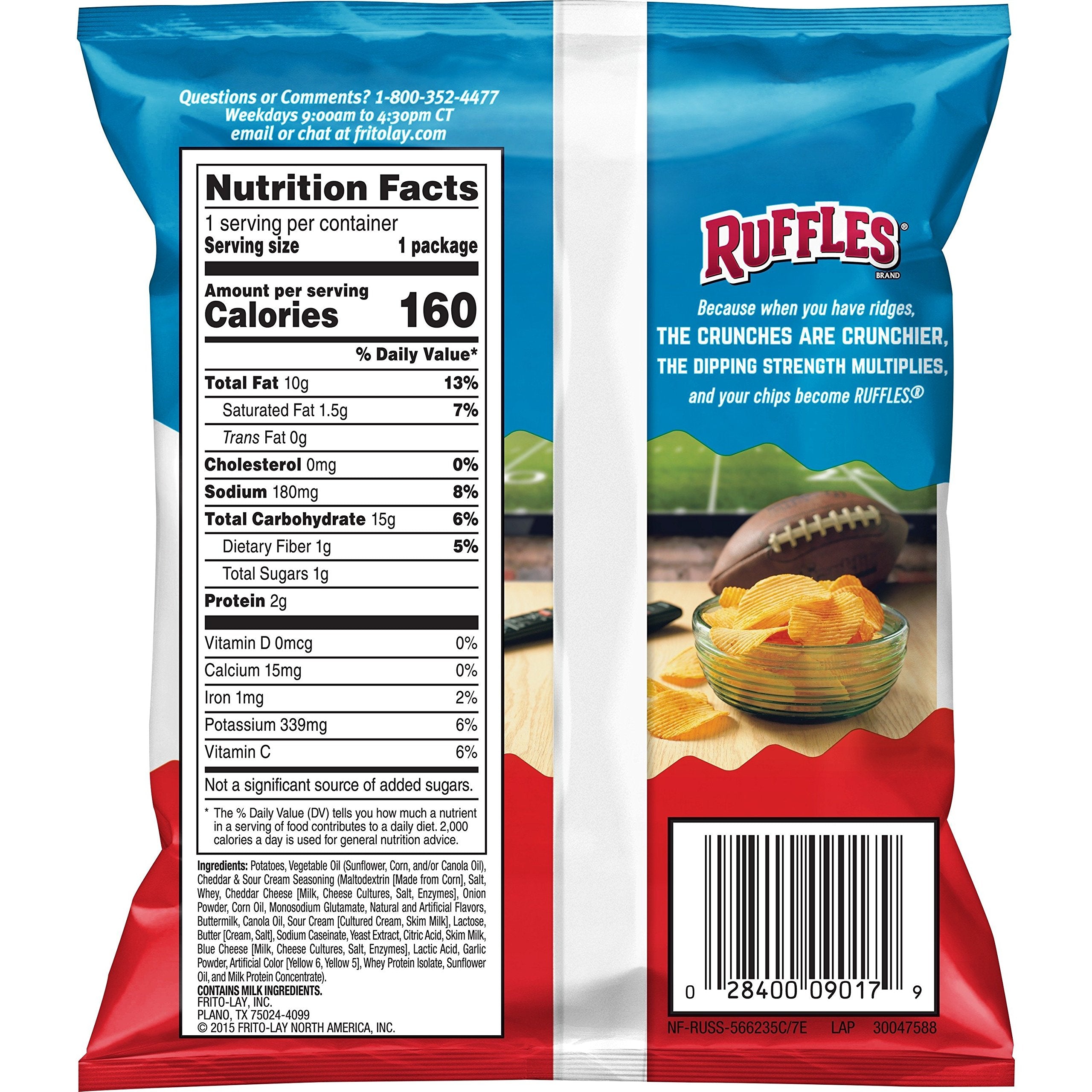 Ruffles Cheddar Sour Cream chip close-up highlighting thick ridges for dipping.