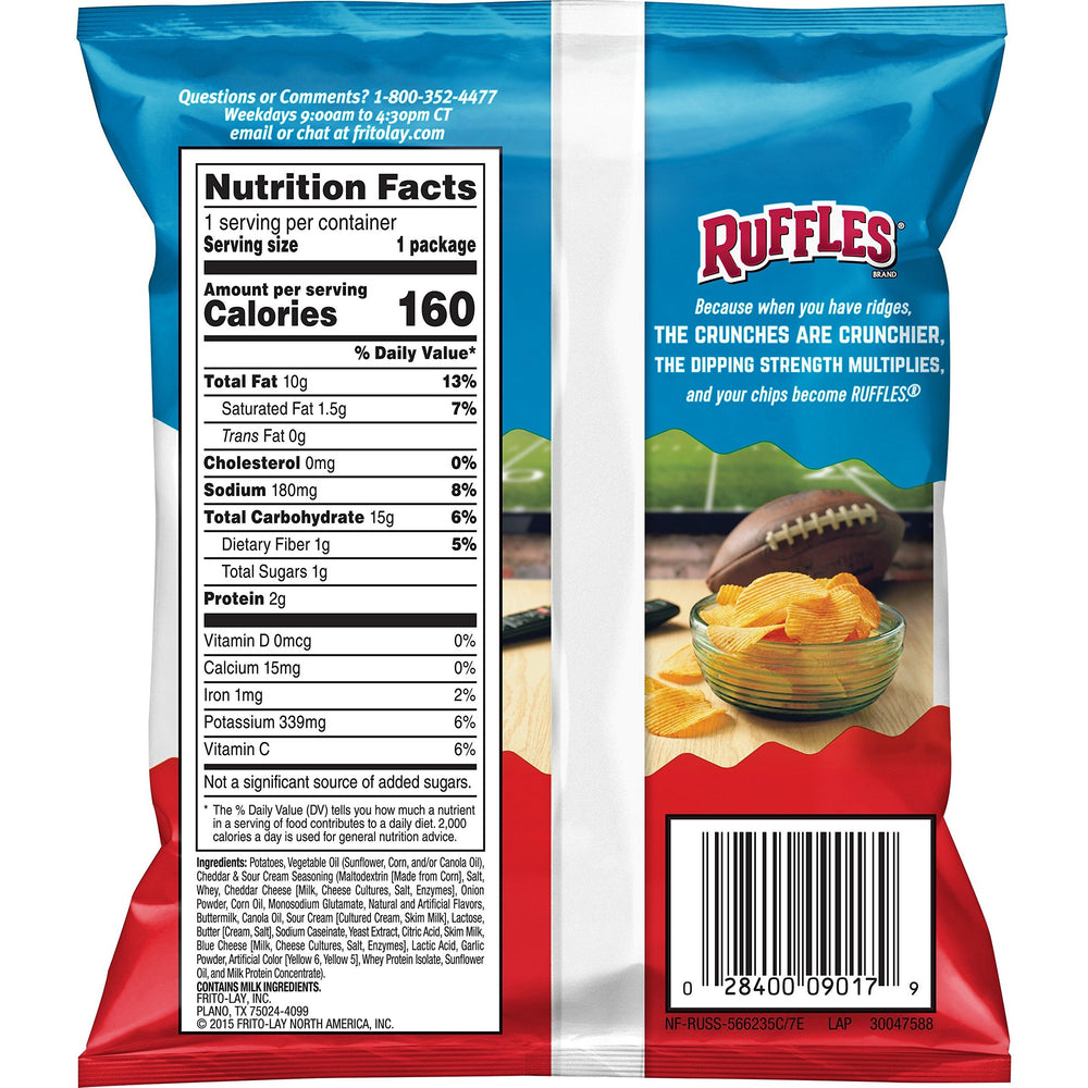 Ruffles Cheddar Sour Cream chip close-up highlighting thick ridges for dipping.