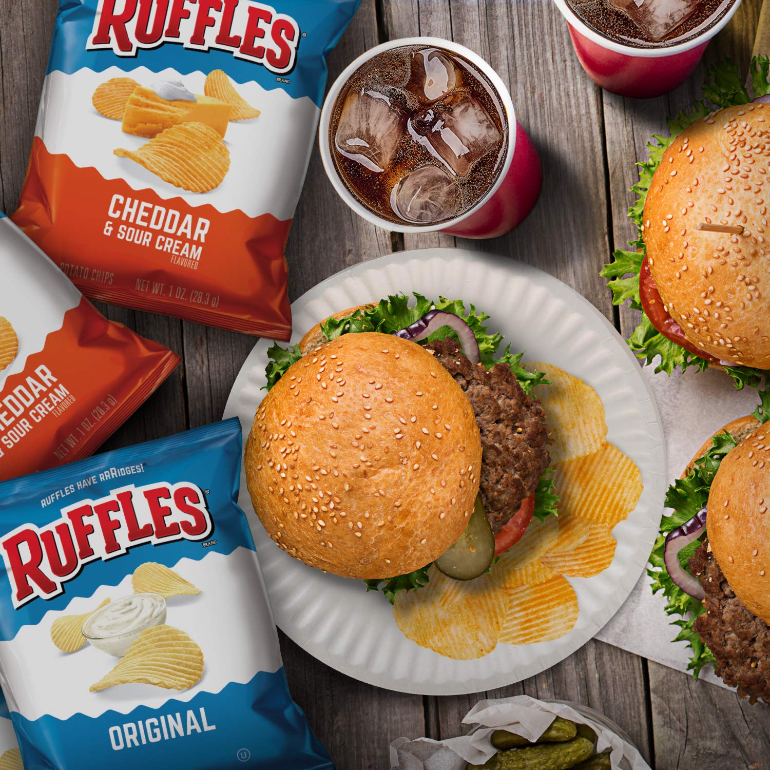 Ruffles Cheddar Sour Cream serving image ideal for a quick snack or party platter.