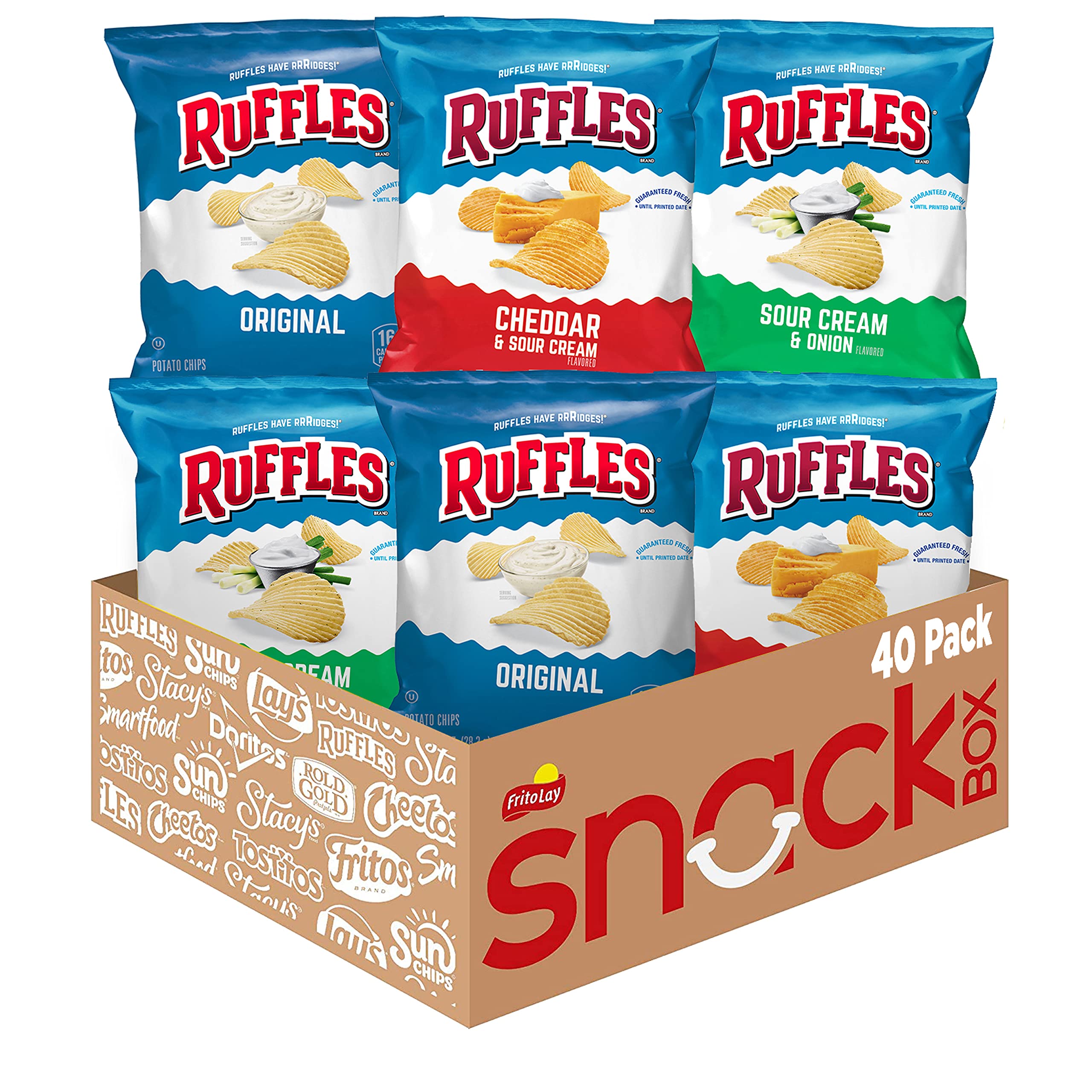 Ruffles 40-count variety pack box showing assorted chip bags for versatile snacking