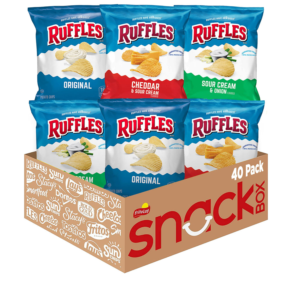 Ruffles 40-count variety pack box showing assorted chip bags for versatile snacking