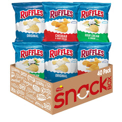 Ruffles 40-count variety pack box showing assorted chip bags for versatile snacking