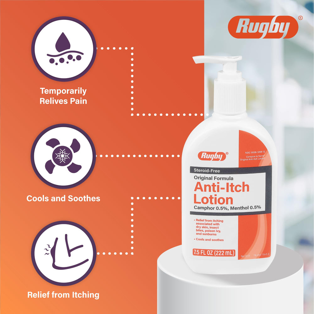 Rugby Anti-Itch Lotion ingredients camphor menthol displayed in packaging