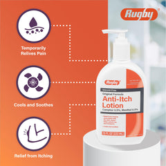 Rugby Anti-Itch Lotion ingredients camphor menthol displayed in packaging